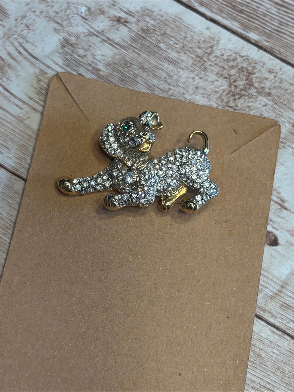 Vintage Rhinestone Gold Tone Puppy Brooch with Green eyes lapel pin whimsical